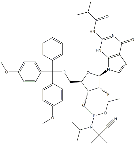 5'-O-[Bis(4-methoxyfenyl)fenylmethyl]-2'-deoxy-2'-fluor-N-(2-methyl-1-oxopropyl)guanosine 3'-[2-cyaanethyl N,N-bis( 1-methylethyl)fosforamidiet]