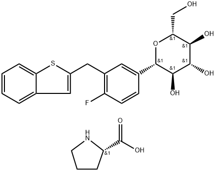L-Proline compd. met (1S)-1,5-anhydro-1-C-[3-(benzo[b]thien-2-ylmethyl)-4-fluorfenyl]-D-glucitol (1:1)